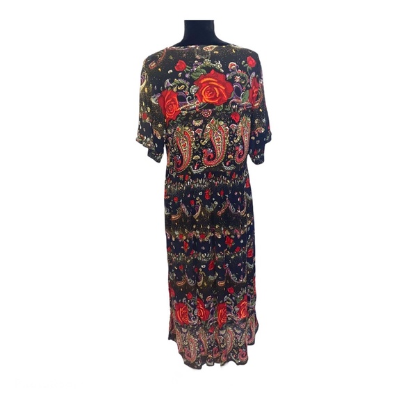 Vintage Maxi Dress Size Large Boho Rose Paisley Print Beaded Goth Whimsigoth - Picture 3 of 11